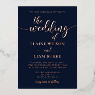 Elegant Calligraphy Luxe Navy Rose Gold Wedding Foil Invitation