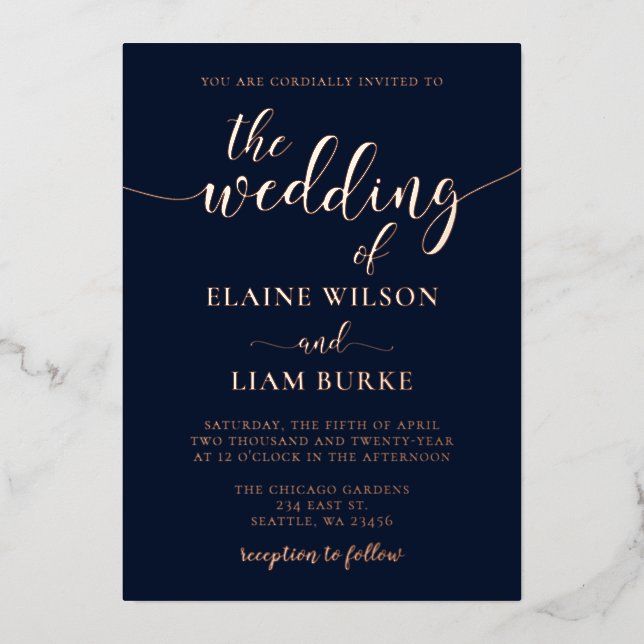 Elegant Calligraphy Luxe Navy Rose Gold Wedding  Foil Invitation (Front)
