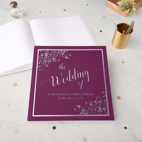 Elegant Calligraphy Magenta  Silver Foil Wedding Foil Guest Book