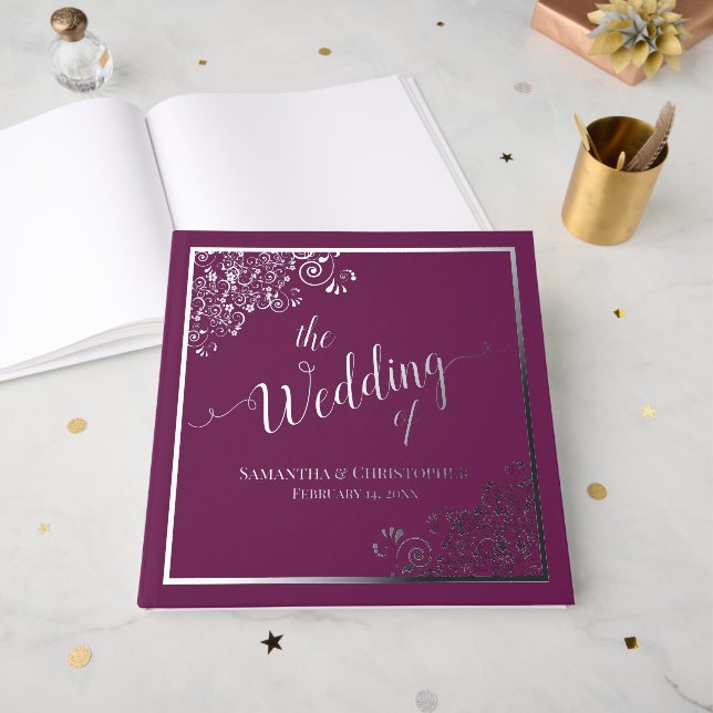 Elegant Calligraphy Magenta & Silver Foil Wedding Foil Guest Book (Front Open)