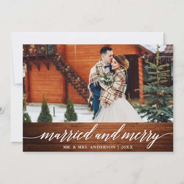 Elegant Calligraphy Married and Merry Photo Holiday Card (Front)