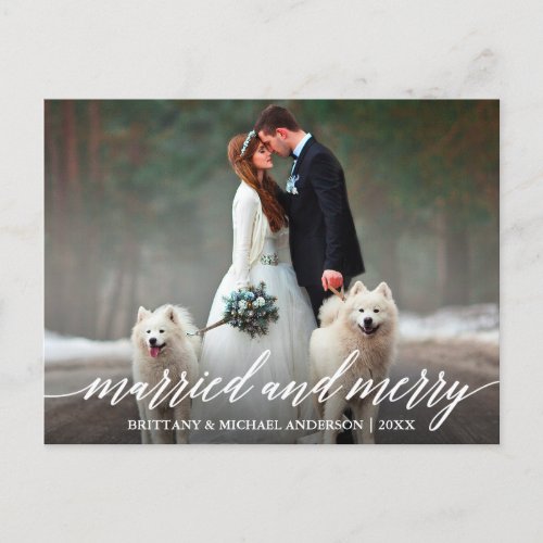 Elegant Calligraphy Married and Merry Wedding Postcard