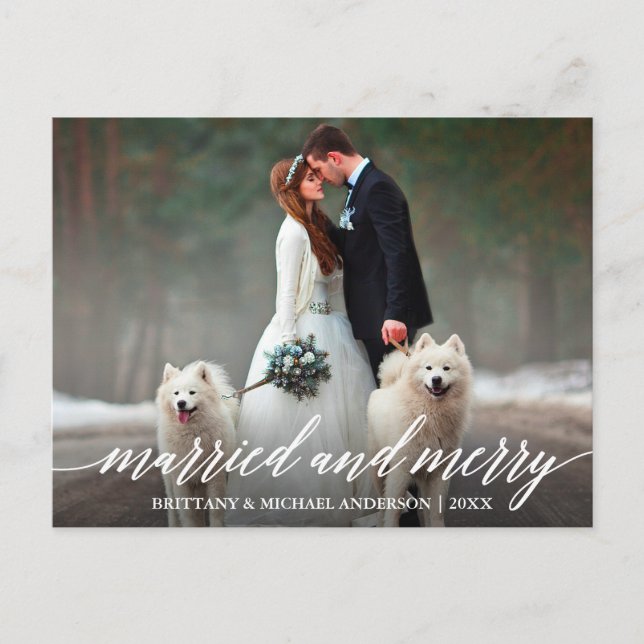 Elegant Calligraphy Married and Merry Wedding Postcard (Front)