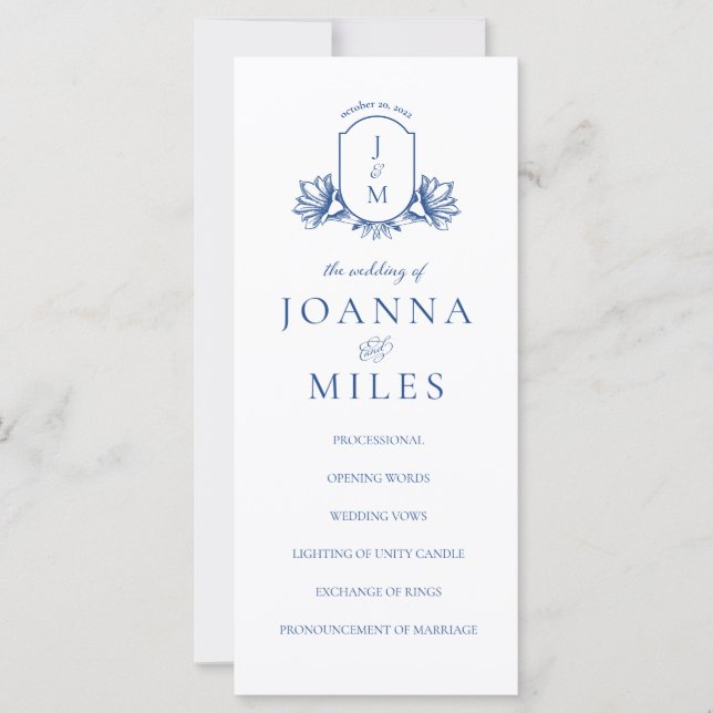 Elegant Calligraphy Marseilles Blue Crest Program (Front)