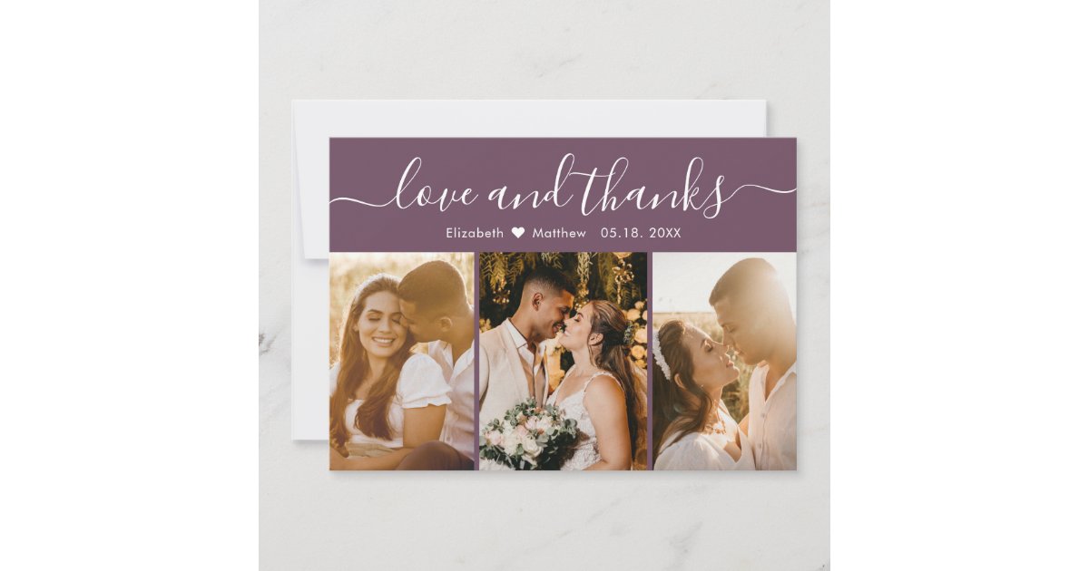Elegant Calligraphy Mauve Multiple Photo Wedding Thank You Card | Zazzle