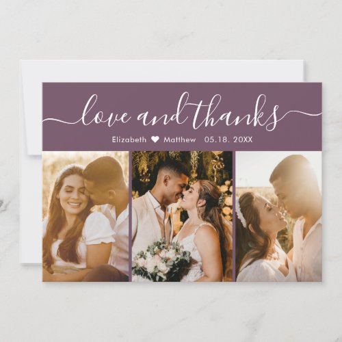 Elegant Calligraphy Mauve Multiple Photo Wedding Thank You Card