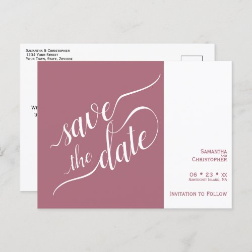 Elegant Calligraphy Mauve Wedding Save the Date Announcement Postcard