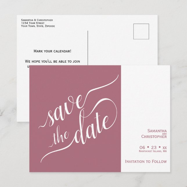 Elegant Calligraphy Mauve Wedding Save the Date Announcement Postcard (Front/Back)