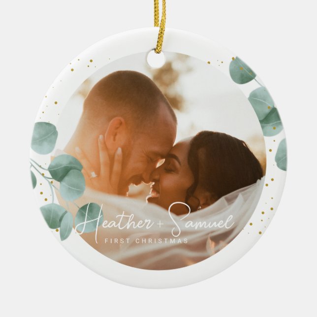 Elegant Calligraphy | Merry and Married photo Ceramic Ornament (Front)