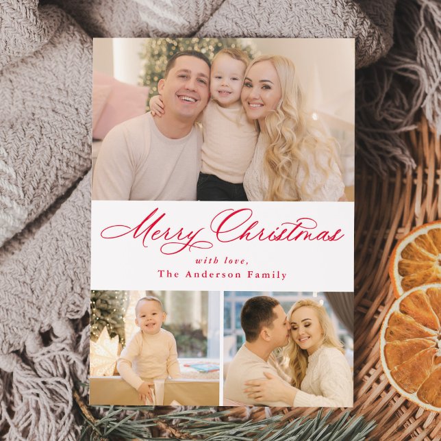 Elegant Calligraphy Merry Christmas 3 Photo Letterpress Photo Cards (Creator Uploaded)