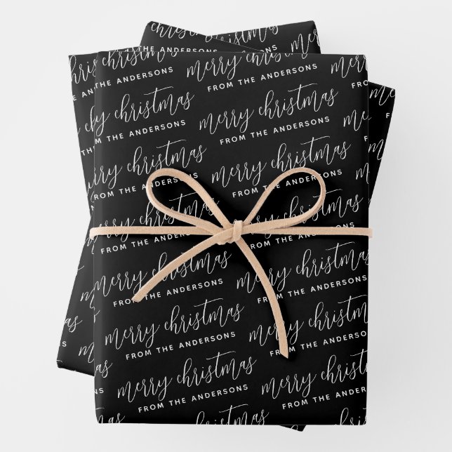 Elegant Calligraphy Merry Christmas Family Black Wrapping Paper Sheets (In situ)