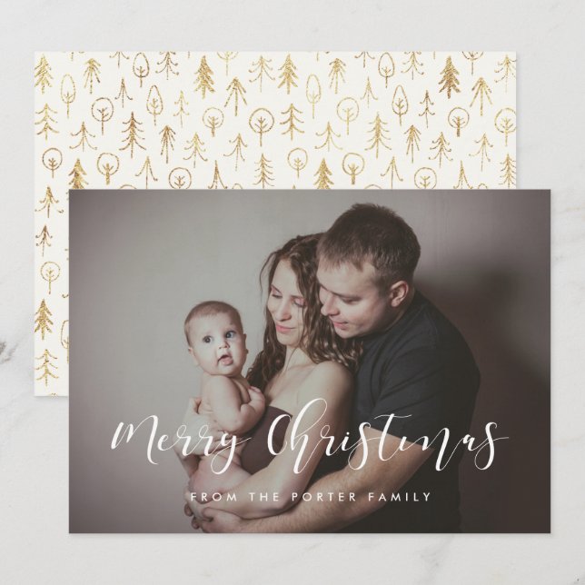 Elegant Calligraphy Merry Christmas Family Photo Holiday Card (Front/Back)