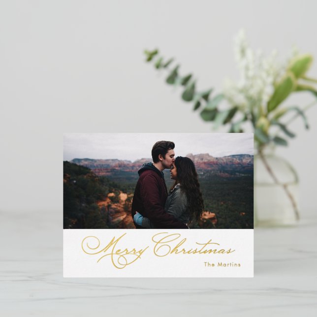 Elegant Calligraphy Merry Christmas  Foil Holiday Postcard (Standing Front)