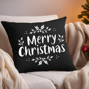 Elegant Calligraphy Merry Christmas Holly Berries Throw Pillow
