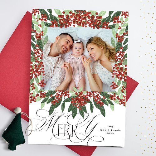 Elegant Calligraphy Merry Christmas One Photo Holiday Card