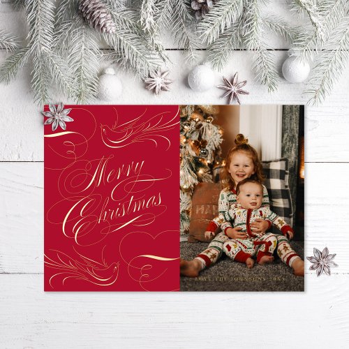 Elegant Calligraphy Merry Christmas Red Foil Holiday Card