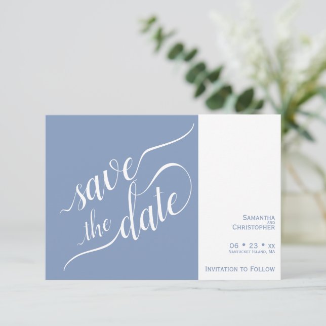 Elegant Calligraphy Minimalist Dusty Blue Wedding Save The Date (Standing Front)