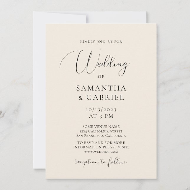 Elegant calligraphy minimalist ivory wedding invitation (Front)