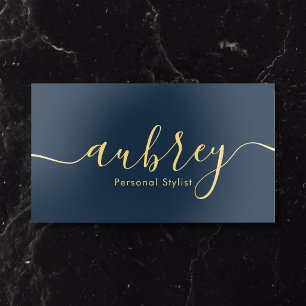 Elegant Calligraphy Minimalist QR Code Navy Blue Foil Business Cards