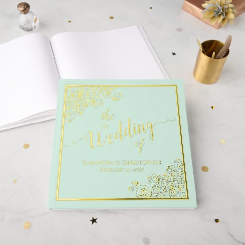 Elegant Calligraphy Mint Green  Gold Foil Wedding Foil Guest Book