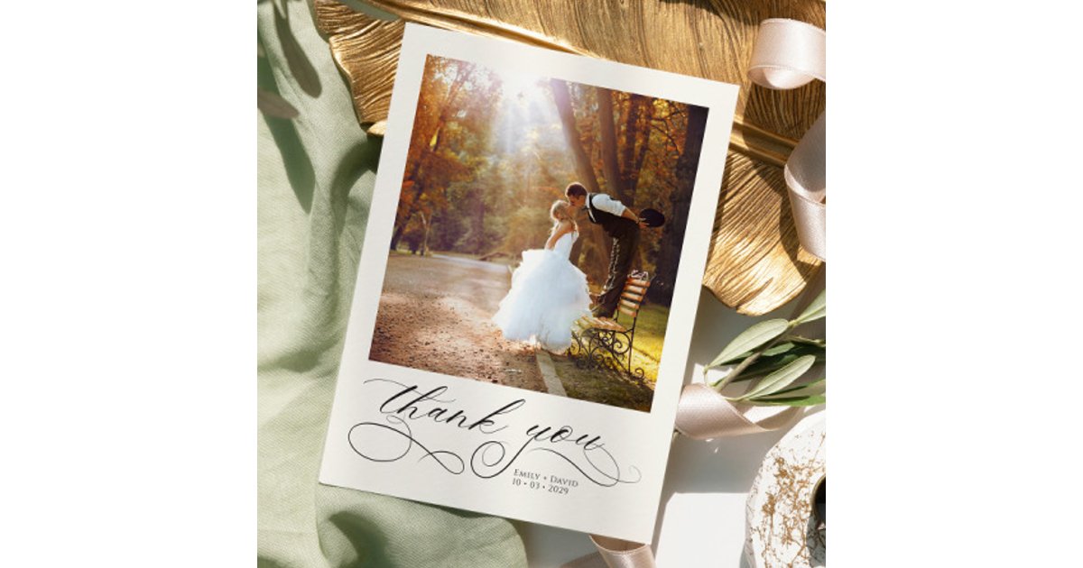 Elegant Calligraphy Modern Photos Wedding Thank You Card | Zazzle