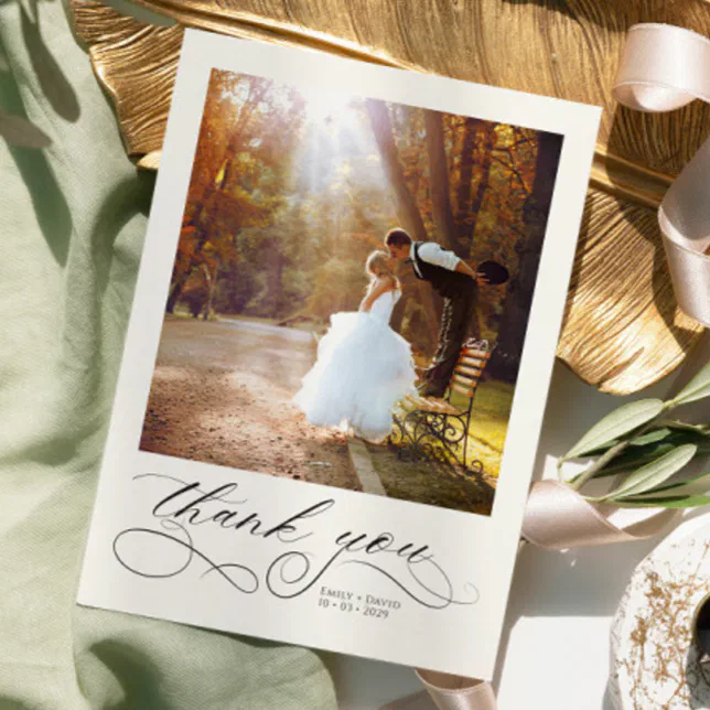 Elegant Calligraphy Modern Photos Wedding Thank You Card | Zazzle