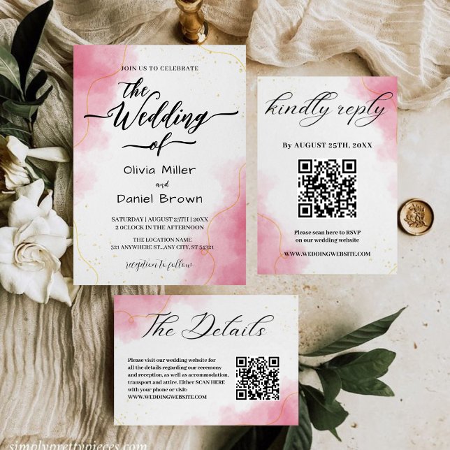 Elegant Calligraphy Modern pink Watercolor Wedding Invitation (Creator Uploaded)