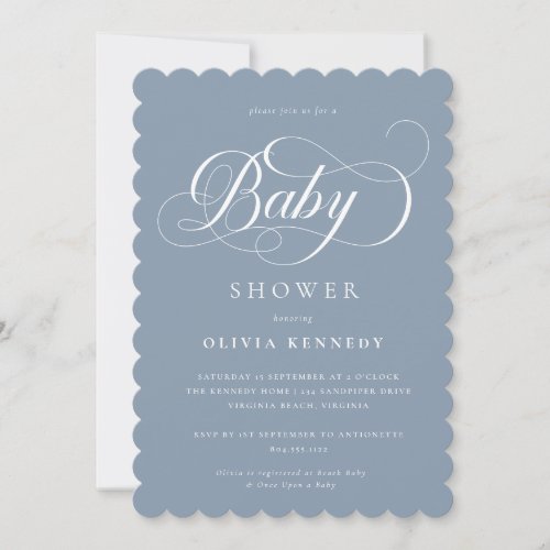 Elegant Calligraphy Modern Script Blue Baby Shower Invitation