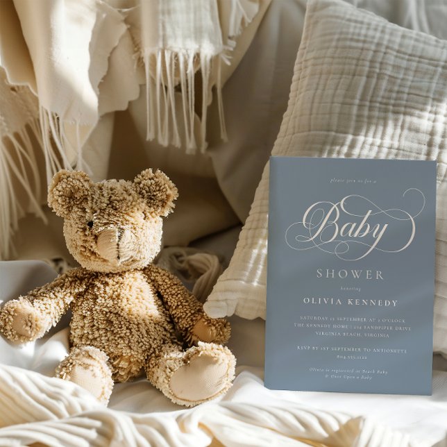 Elegant Calligraphy Modern Script Blue Baby Shower Invitation (Creator Uploaded)