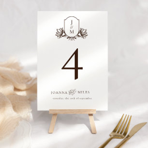 Elegant Calligraphy Monogram Crest Neutral Brown  Table Number