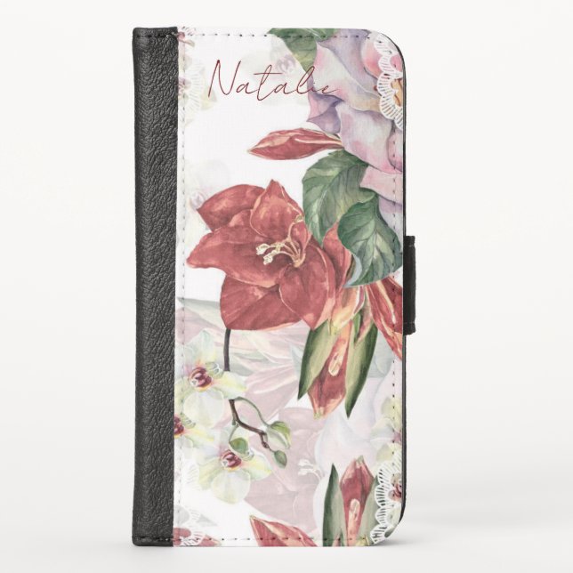 Elegant calligraphy monogram luxury cute burgundy iPhone wallet case (Front)