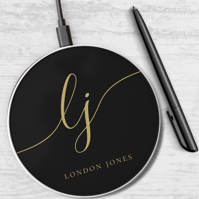 Elegant Calligraphy Monogram Modern Black Gold  Wireless Charger (Creator Uploaded)