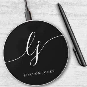 Elegant Calligraphy Monogram Modern Black Wireless Charger