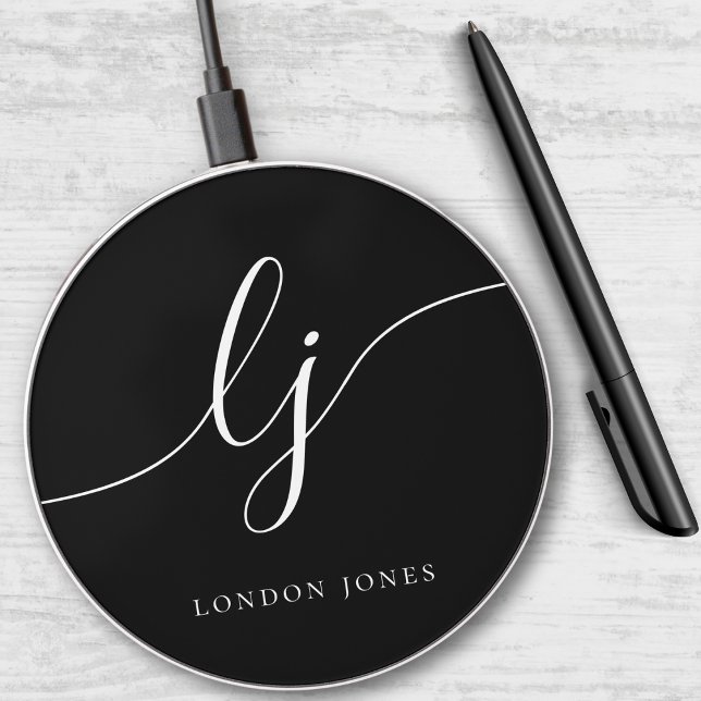 Elegant Calligraphy Monogram Modern Black Wireless Charger (Creator Uploaded)