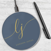 Elegant Calligraphy Monogram Navy Blue Gold