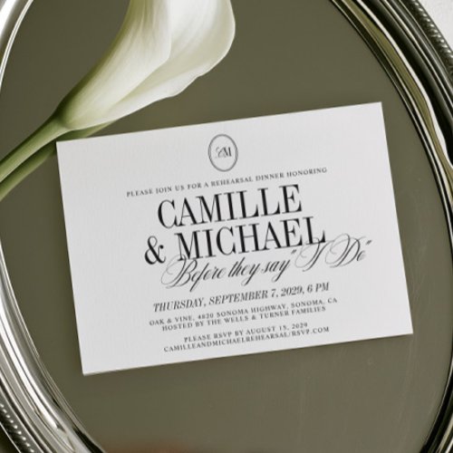 Elegant Calligraphy Monogram Rehearsal Dinner Invitation