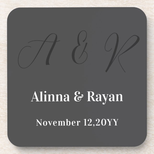 Elegant Calligraphy Monogram Wedding Script Design Beverage Coaster (Front)