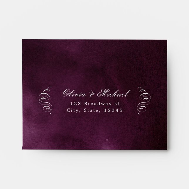 Elegant calligraphy moody plum wedding RSVP Envelope (Front)