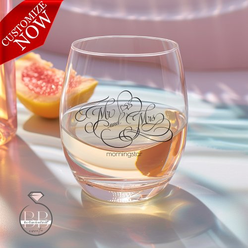 Elegant Calligraphy Mr and Mrs Typography  Stemless Wine Glass