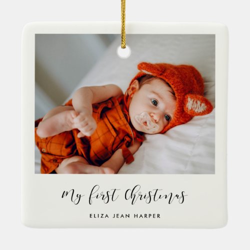 Elegant calligraphy My First Christmas baby photo Ceramic Ornament
