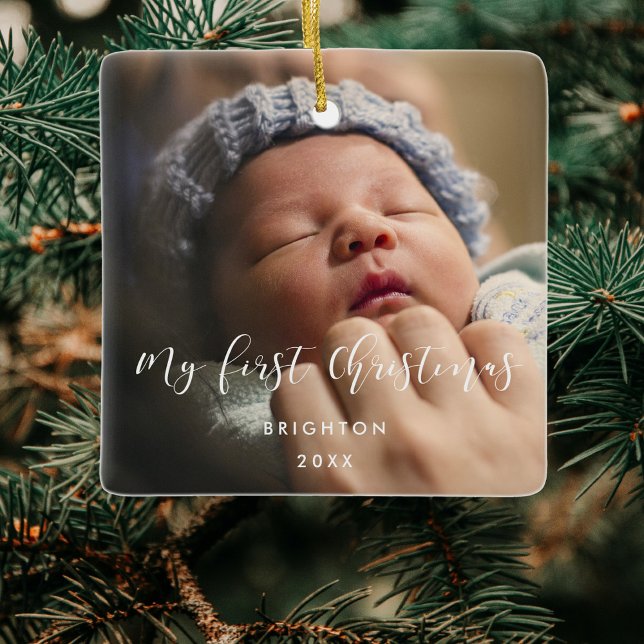 Elegant calligraphy My First Christmas baby photo Ceramic Ornament (Creator Uploaded)