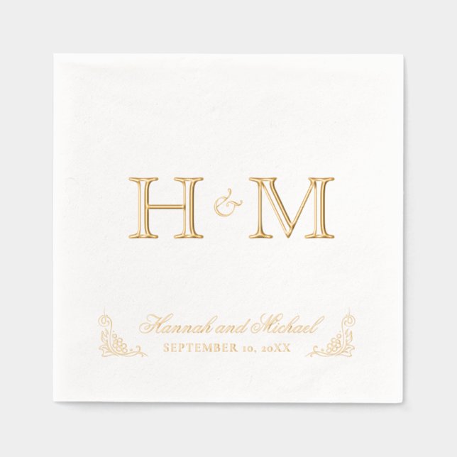 Elegant Calligraphy Name and Monogram Wedding Foil Napkins (Front)