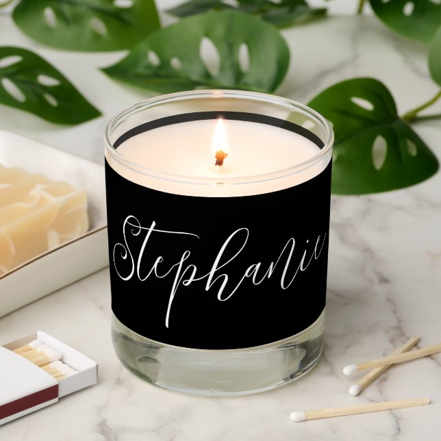 Elegant Calligraphy Name White on Black Scented Candle (Lit)