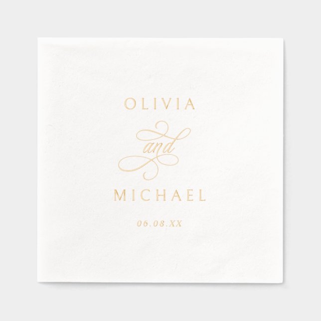 Elegant Calligraphy Names Wedding Gold Foil Napkins (Front)
