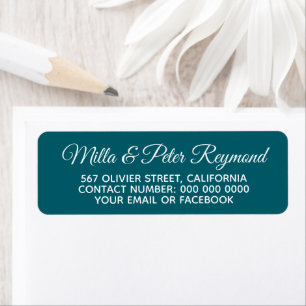 Elegant calligraphy names with address teal label