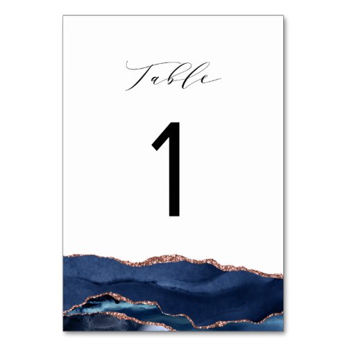 elegant calligraphy navy blue and rose gold agate table number