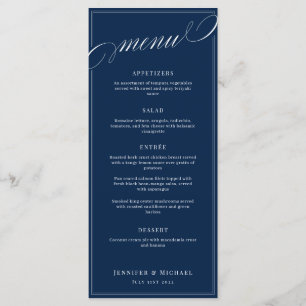 Elegant Calligraphy Navy Blue Classic Wedding Menu