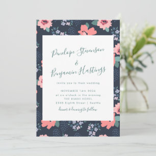 Elegant Calligraphy Navy Blue Floral Wedding Invitation