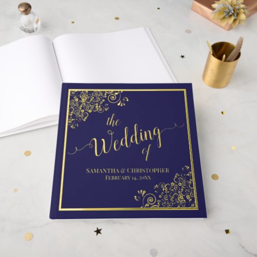 Elegant Calligraphy Navy Blue  Gold Foil Wedding Foil Guest Book