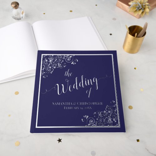 Elegant Calligraphy Navy Blue Silver Foil Wedding Foil Guest Book